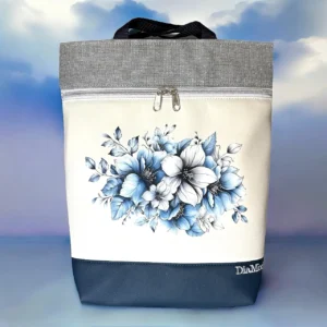 Sötétkék/fehér alapon virágok/csillogó ezüst