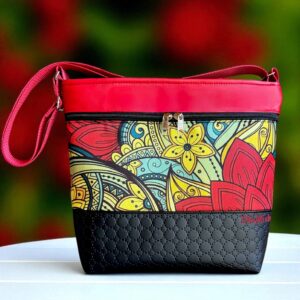 Steppelt fekete/színes mandalás virágok/piros