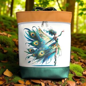 Fényes zöld/fehér alapon páva tündér/karamell