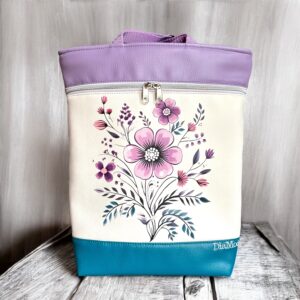 Petrol/fehér alapon virágok/halvány lila