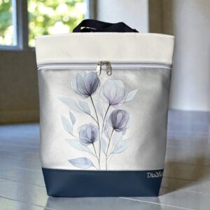 Mélykék/ezüst alapon virágok/lyukacsos fehér