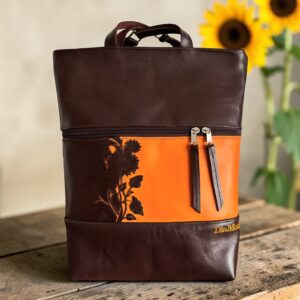 Barna bőr/narancs bőr/barna bőr (applikált napraforgó minta)